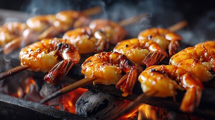 Grilled shrimp skewers sizzling over an open flame, smoke rising in a vibrant outdoor setting