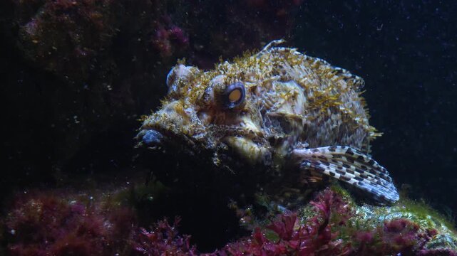Close up of a stone fish resting beside a reef underwater