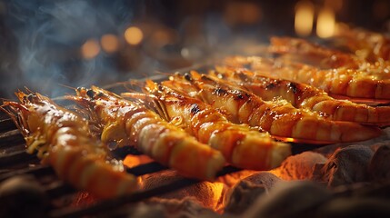 Grilled shrimp sizzling on a barbecue, with glowing embers and a warm, inviting atmosphere