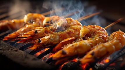 Grilled shrimp skewers sizzling over hot coals, with smoke rising and a rustic kitchen background