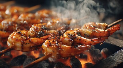 Grilled shrimp skewers sizzling over hot coals, surrounded by smoke and a vibrant outdoor setting
