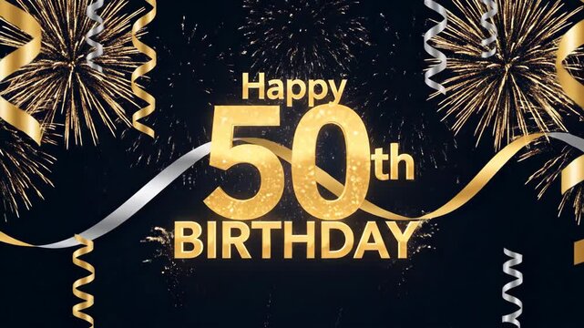 Golden 50th Birthday Celebration with Glowing Text, Swirling Ribbons, and Falling Confetti