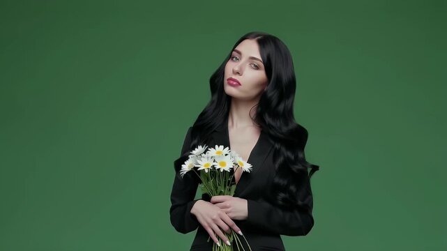Woman Holding Bright Flowers Against Green Background in Studio with AI generated