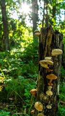 Sunlight filters through forest canopy, illuminating mushrooms growing on a weathered log stump