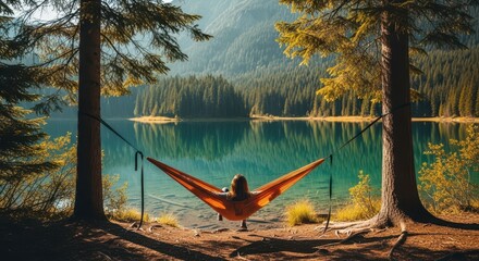 Person relaxing in a hammock overlooking a serene lake surrounded by autumn trees