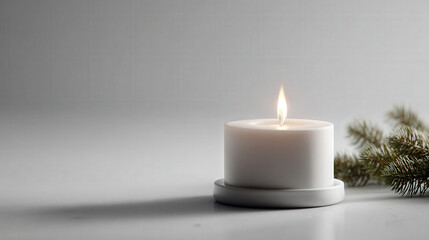 minimalist christmas celebration atmosphere in usa featuring single lit candle against clean ultrabright white