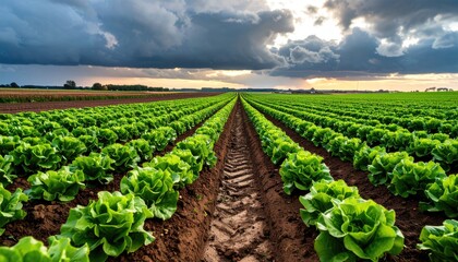 Obraz premium Wide shot of a field of lettuce plants, rows extending into a horizon of dramatic clouds at sunset