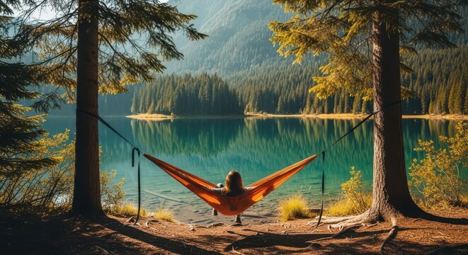 Person relaxing in a hammock overlooking a serene lake surrounded by autumn trees