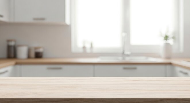 A blurry kitchen scene with white cabinets a wooden counter and a bright window