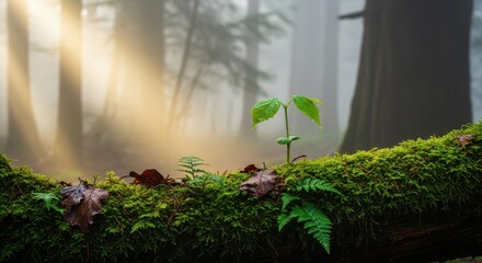 Sunlight streams through misty forest illuminating a tiny sapling growing on a mossy log