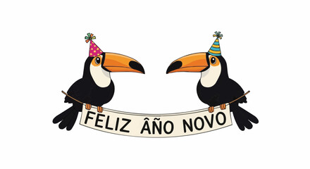 Happy new year toucan birds illustration with party hats and banner for new year celebration greeting card vector