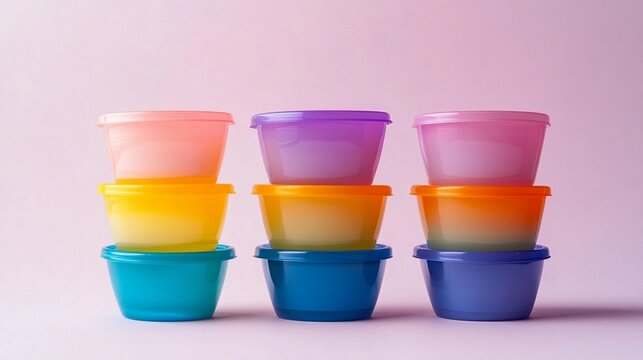 Colorful plastic containers stacked in rows against a pastel background