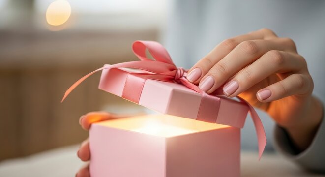 A pink gift box is being opened by a hand revealing a bright light shining from inside