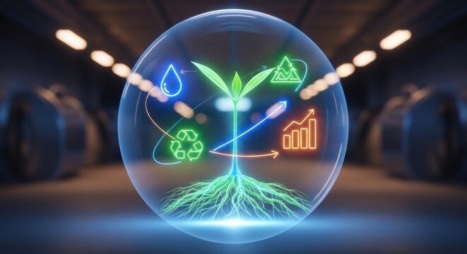 A glowing plant inside a bubble with water drop recycle mountains and growth chart icons around the plant - Powered by Adobe
