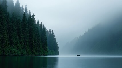 Sunset kayaking valley lake, calm water reflects misty pine forest while soft fog drifts between mountains, tranquil mood invites quiet adventure