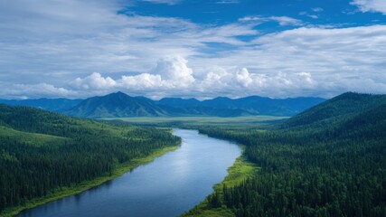Sunset kayaking in valley river calm water evergreen forest blue sky mountain range soft cloud golden light peaceful vibe adventure joy