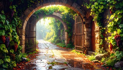 Obraz premium Sunlight streams through an archway, revealing a pathway lined with stone. Ivy and foliage drape the stone walls.