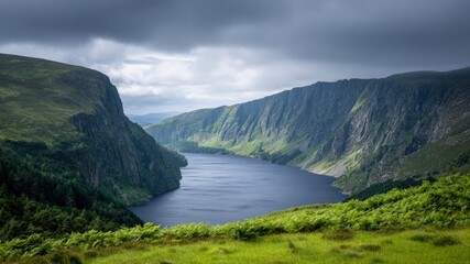 Sunset kayaking in valley lake view under dramatic cloud sky with calm water and green cliff creating peaceful mood