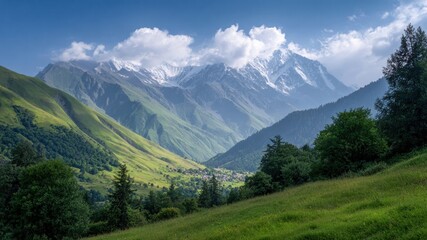 Fototapeta premium Sunset kayaking in valley meadow view, snow mountain, green hill, forest, village, serene adventure feeling