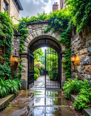 Fototapeta premium Stone archway, wet path, lush greenery, garden