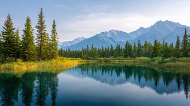 Mountain lake forest reflection pine sunrise tranquil nature wilderness serene sunset kayaking valley view with calm water reflection and soft
