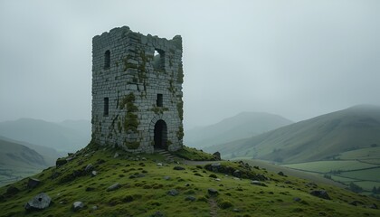 Ancient stone tower atop a grassy hill under a misty sky evokes solitude and historical mystery.