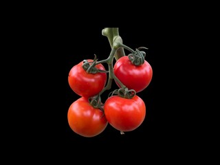 A close-up of a bunch of fresh, red cherry tomatoes on a black background.