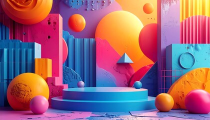 Vibrant abstract 3D scene with colorful shapes and forms
