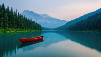 Sunset kayaking in valley lake calm water red boat pine forest mountain reflection peaceful sky serene mood