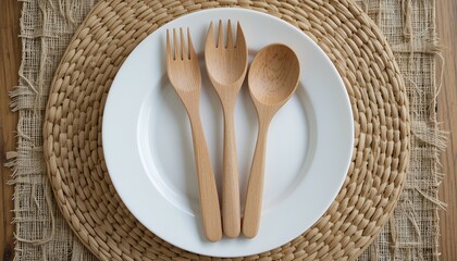 Minimalist still life showcases wooden fork, spork, and spoon on white plate with wicker mat.