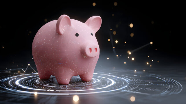 A digital piggy bank symboizes the future of financeand technology. It depictsthe intersection of traditonal savings with modern tchnology. Money background Digital Piggy Bank: Futur of Finance