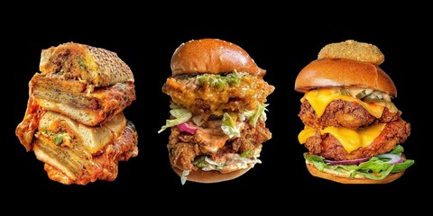A collection of various burgers and fried chicken sandwiches on a black background.