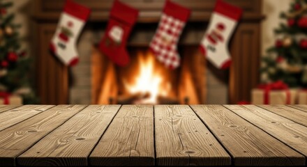 Christmas setting with a wooden table in the foreground fireplace stockings and blurred trees in the background