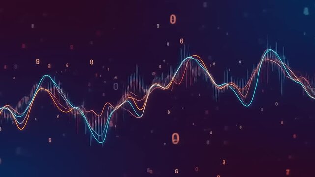 Abstract visualization of colorful sound waves with numeric elements on a dark background