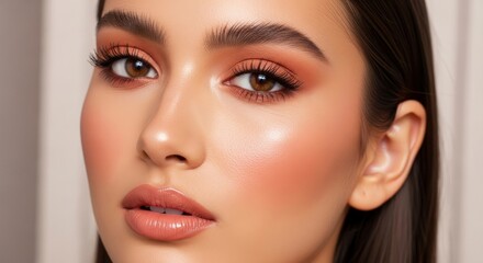 Fototapeta premium Closeup of a woman with makeup brown eyes eyebrows lipstick and blush Smooth glossy skin