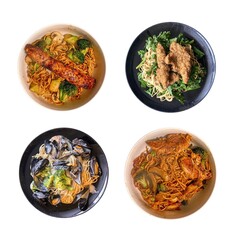 A collection of various Asian noodle dishes in separate bowls. A collection of delicious noodle dishes 