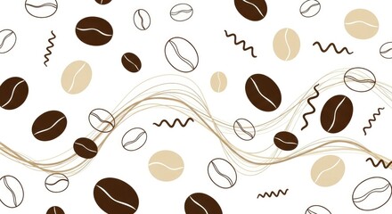 Obraz premium Coffee bean pattern featuring brown and tan beans outlines and wavy lines against a white backdrop