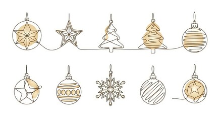 Continuous line illustration with Christmas ornaments trees stars and snowflakes hanging