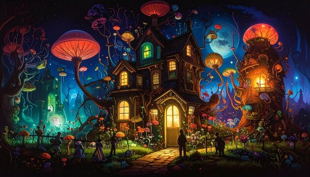 A whimsical fantasy cottage nestled in a magical forest filled with glowing giant mushrooms at night.