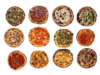 Top view of a collection of small, mini pizzas with various toppings on a black background.