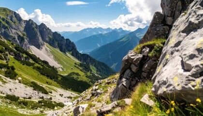 Mountain vista from a rocky peak. Lush valleys and distant peaks under a partly cloudy sky