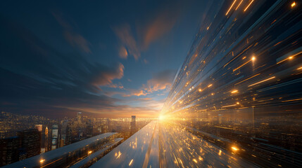 Digital Skyline: Dynamic cityscape merging the realms of technology and urban landscape. Evoking a sense of futuristic innovation and connectivity.