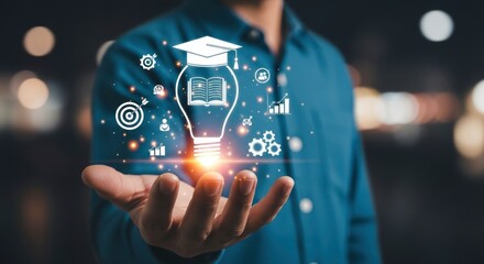 Man holds a bulb icon adorned with a graduation cap book and related symbols in a blurred bokehlit background