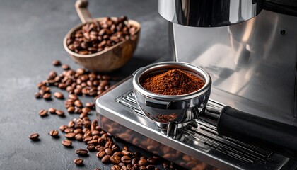 Coffee beans and grounds, espresso machine