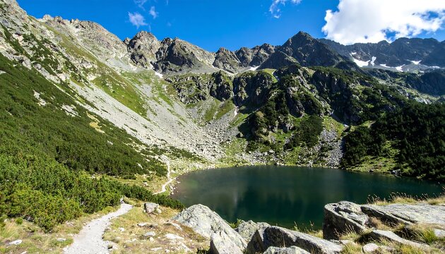 Mountain lake scene under a vibrant sky
