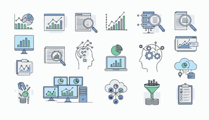 Collection of data analysis and business intelligence icons, showing various tools and concepts.