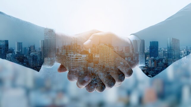 A handshake overlaying a cityscape symbolizes partnership and collaboration in a business environment.