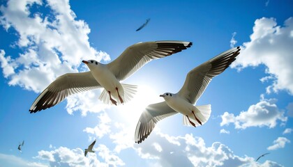 Seagulls soaring in a bright sky