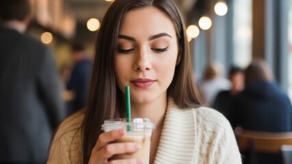 Young woman sips iced coffee in a cafe, enjoying a refreshing drink with a straw