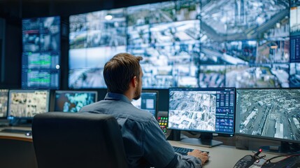 A person monitors multiple screens in a control room, displaying various real-time data and surveillance footage.